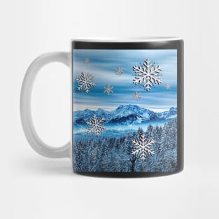 Winter Snowy Mountains, Pines & Graphic Snowflakes Cozy Home Decor & Gifts Graphic Design Snow Mug